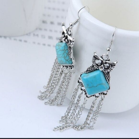 Turquoise and Silver Owl Earrings - Picture 1 of 4